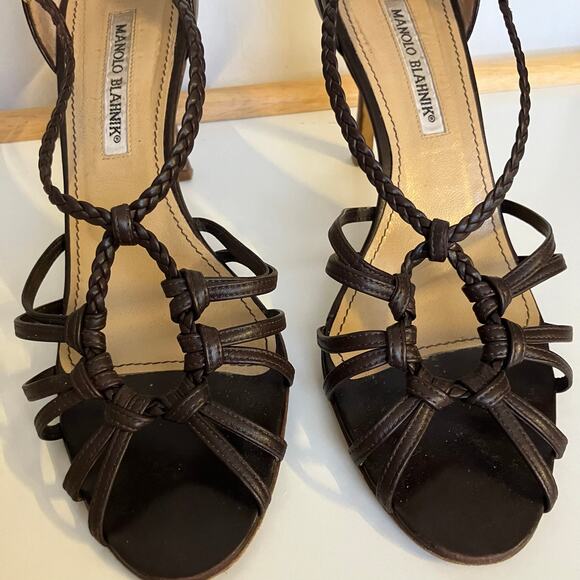 Vintage Manolo Blahnik brown braided leather strappy open toe stiletto heels - Picture 2 of 16